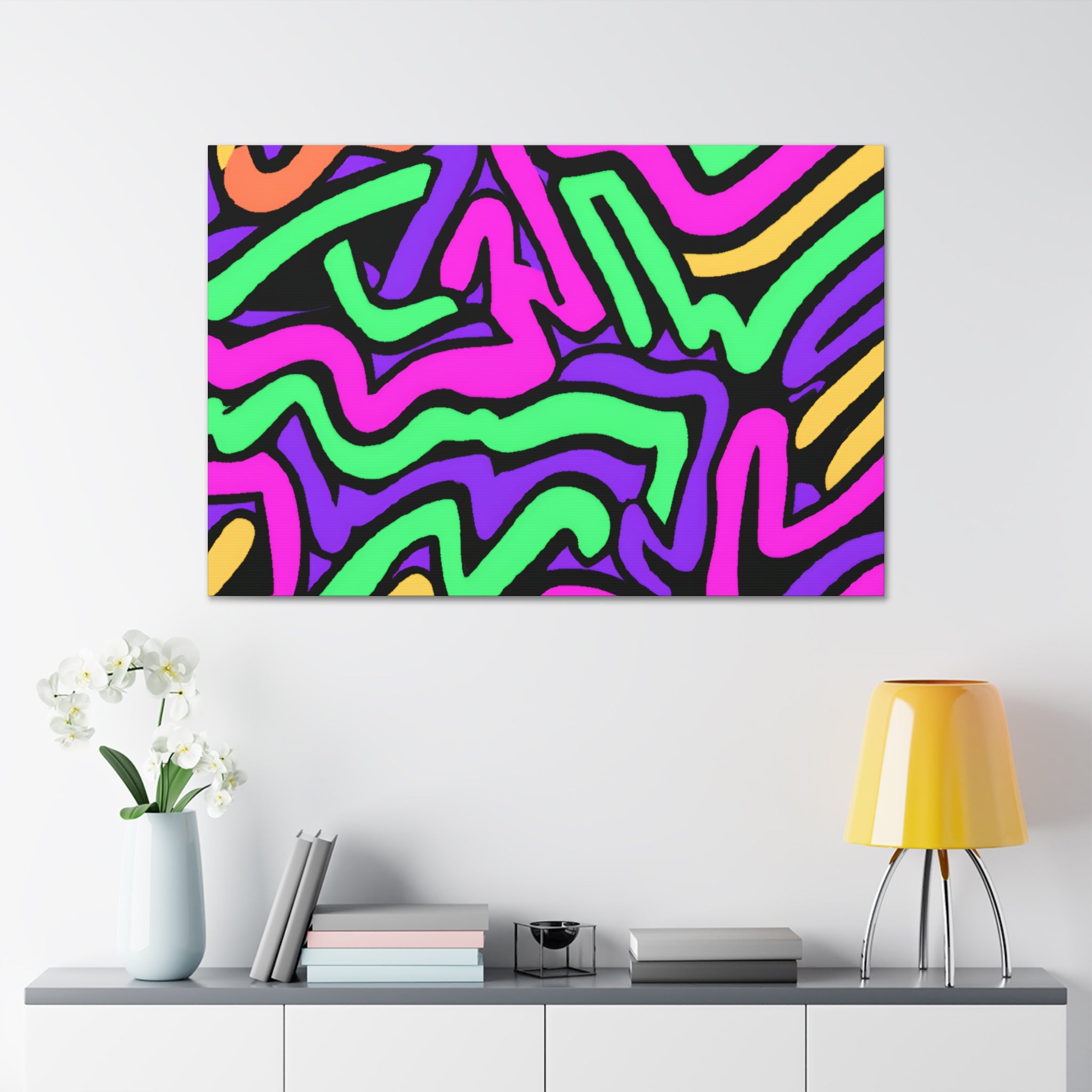 Vibrant Neon Waves Abstract Art Canvas - Canvas